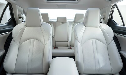 The spacious interior of a modern car showcasing the front seats and dashboard design in daylight