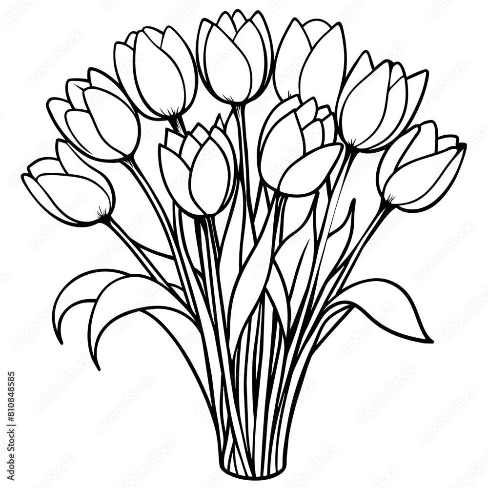 Wall mural tulip flower outline illustration coloring book page design, tulip flower black and white line art d