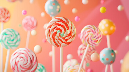 Candy of pink land background, delicious lollipops and bonbons