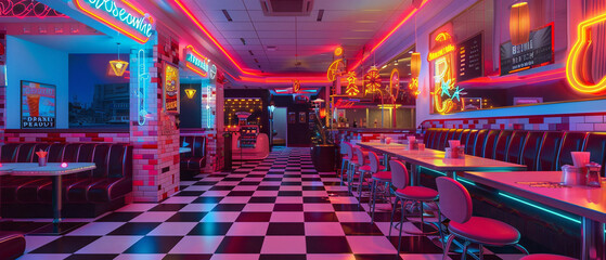 Nostalgic diner with vibrant neon lights, vintage decor, and classic black and white checkerboard floor.