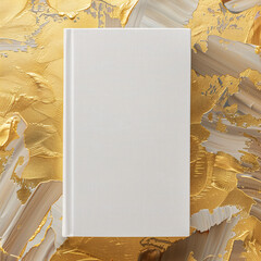 Mockup of a new book with blank white cover in modern neat style on an abstract gold and white paint background. Square template for social media post for books and advertisement.