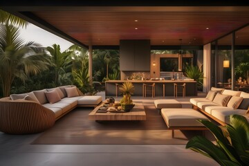 Sleek architectural draft for a tropical outdoor dining area, integrating modern design with natural elements for a stylish home.