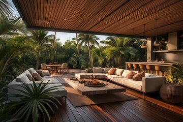 Fototapeta premium Sleek architectural draft for a tropical outdoor dining area, integrating modern design with natural elements for a stylish home.