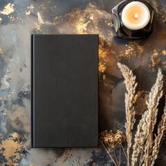 Mockup of a new book with blank black cover in modern neat style on an abstract pastel black and gold paint background. Square template for social media post for books and advertisement.