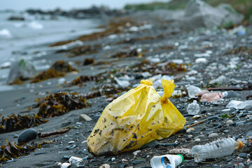 a plastic packaging, in the beach coast, pollution, garbage