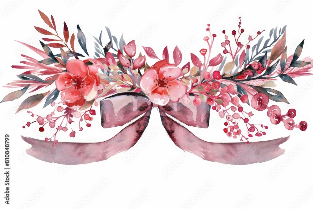 Poster a beautiful watercolor painting of a bow adorned with colorful flowers. perfect for adding a touch o