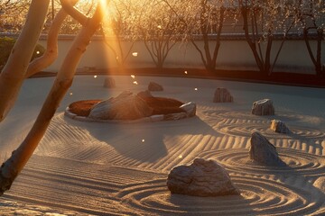 AI generated illustration of sunset scene in a zen garden