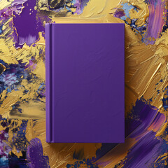 Mockup of a new book with blank violet cover in modern neat style on an abstract violet and gold paint background. Square template for social media post for books and advertisement.