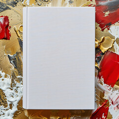 Mockup of a new book with blank white cover in modern neat style on an abstract red and gold paint background. Square template for social media post for books and advertisement.