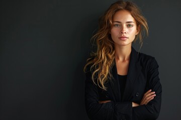 Fototapeta premium A woman in a black blazer stands with crossed arms at a formal event
