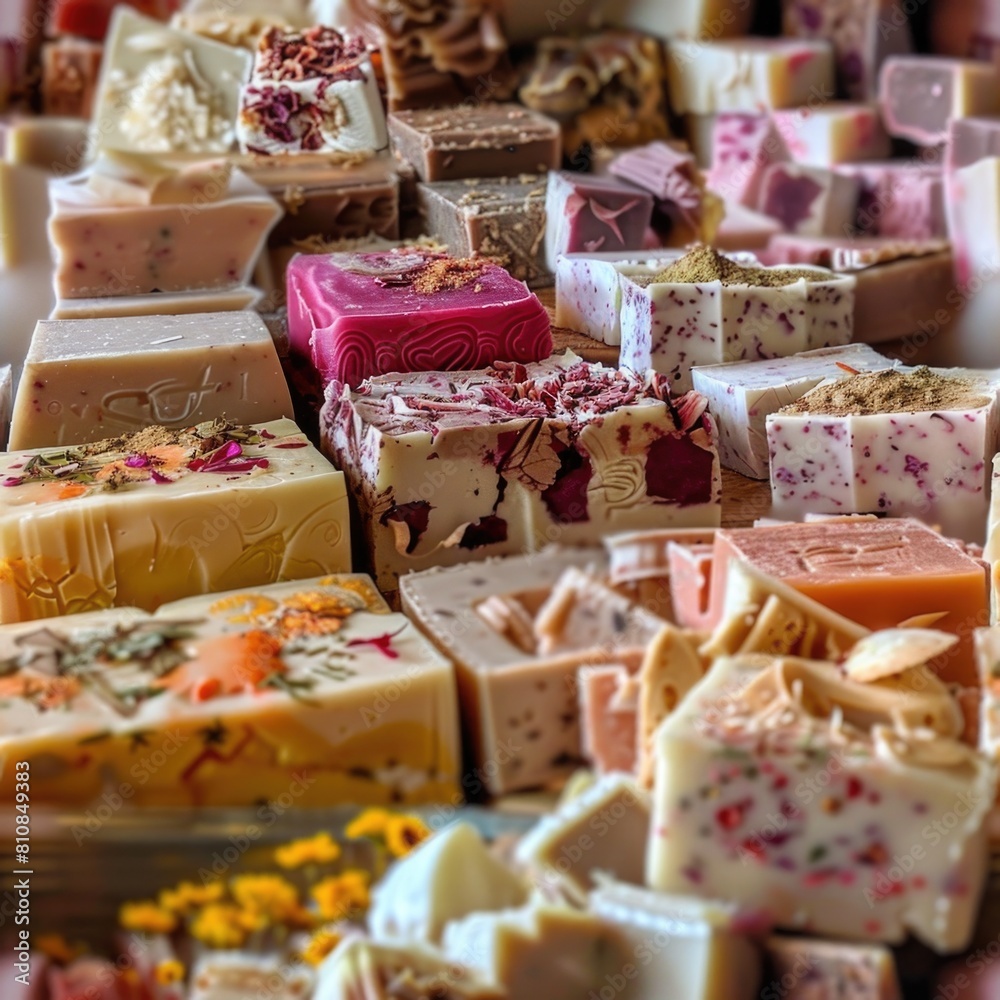 Poster various types of soap displayed on a table, suitable for hygiene or beauty concepts