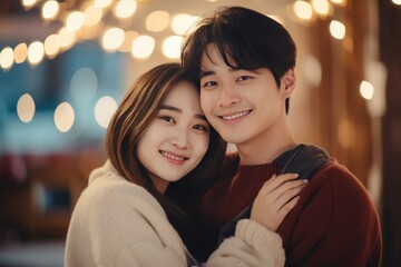 A couple smiling and embracing each other at night Fictional Character Created By Generative AI. 