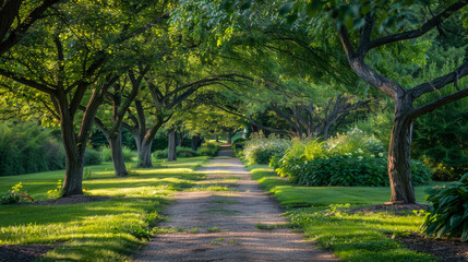 Obraz premium A path through a grove of trees with a few bushes along the way