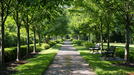 A path lined with trees and benches leads to a park