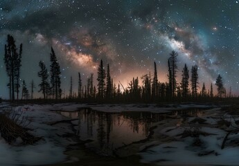 Fantastic starry night landscape with trees and Milky Way