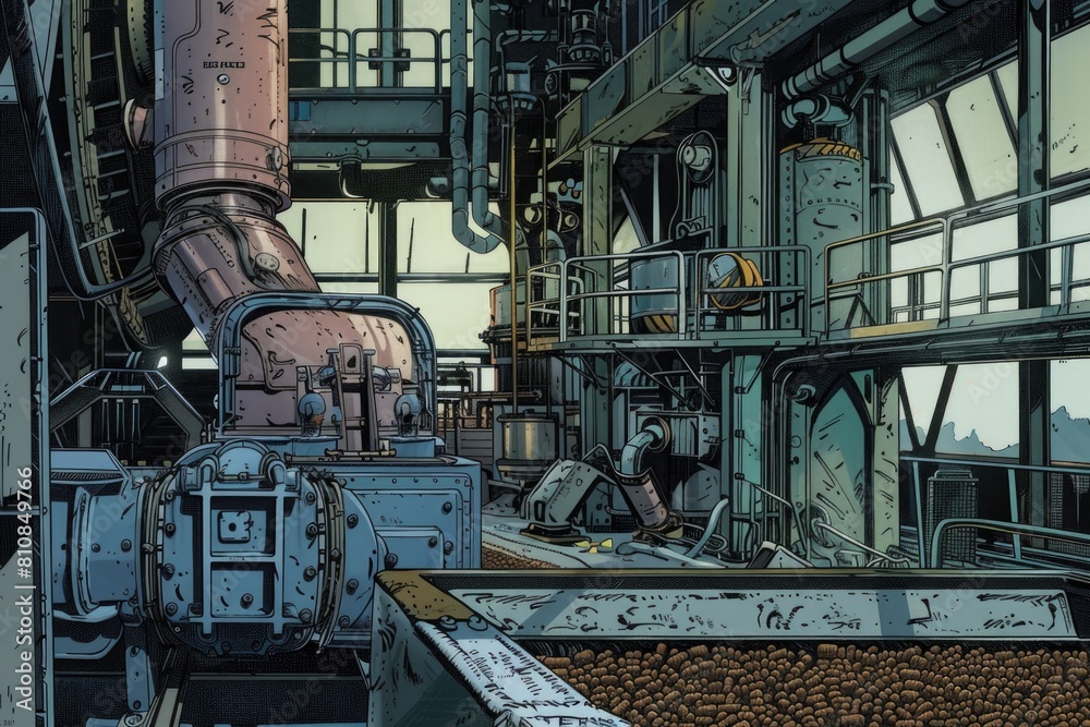 Poster a factory setting with a conveyor belt, suitable for industrial themes