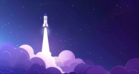 Pastel Space rocket launch in the night sky. Flat style. Start up business and Space travel  concept.