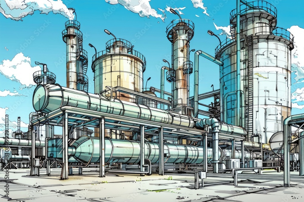 Poster detailed drawing of a factory with numerous pipes. suitable for industrial concepts