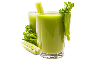 Celery juice and celery on a white background