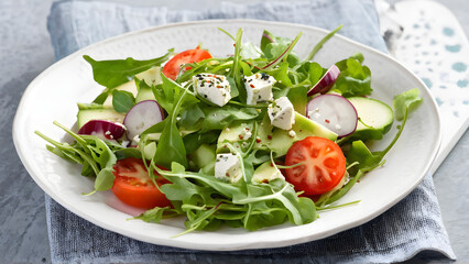 healthy food salad with cheese and tomatoes