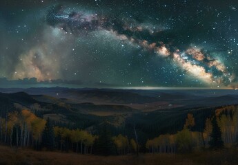 Fantastic starry night landscape with trees and Milky Way