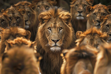 Fototapeta premium A group of lions are standing in a line