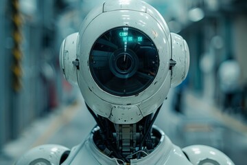 A close-up shot of an advanced robotic head with a central camera eye in a blurry industrial background