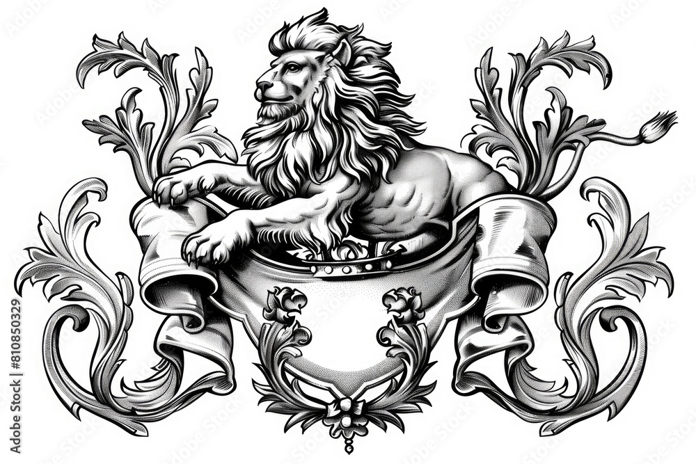 Poster black and white drawing of a lion holding a shield. suitable for various design projects