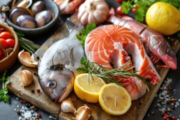 Fresh fish and colorful vegetables on a wooden cutting board. Great for cooking or food preparation