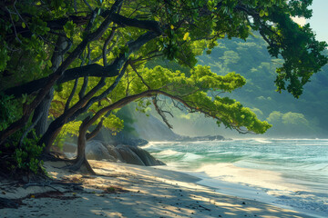 A beach with a tree in the foreground and a body of water in the background