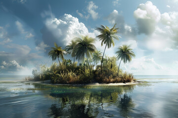 A tropical island with palm trees and a body of water