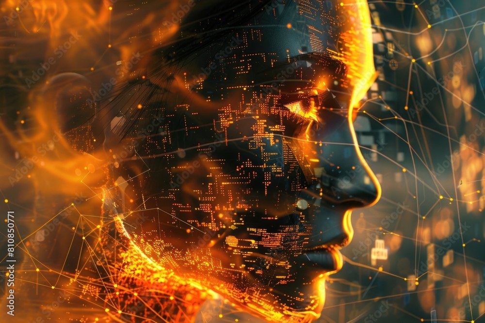 Poster close-up of woman's face with glowing lines, versatile image for various projects