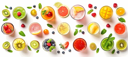 Set of various fresh fruit cocktails, smoothies. isolated on white background. View from above. 