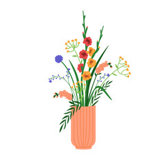 Field flower bouquet in vase. Floral arrangement. Mixed wildflowers bunch, gentle blossom branches. Summer meadow blooming plants, decoration. Flat vector illustration isolated on white background