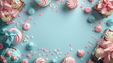 card decorated with pastel pink and blue baby shower cupcakes for party with gifts and pink gift Love concept. Holiday celebration. Valentine's Day or wedding/bachelorette party decoration.  - Powered by Adobe
