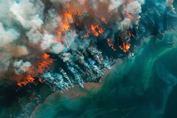 Bird's-eye view of environmental catastrophe caused by wildfires in the South American Amazon region.