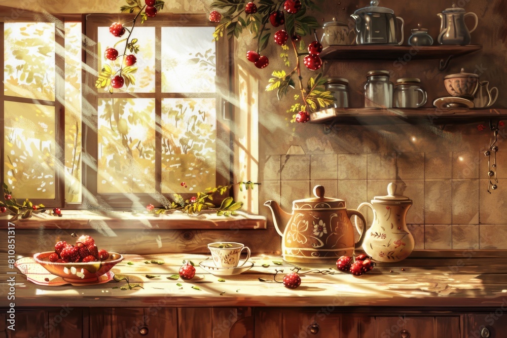 Poster a painting of a kitchen with a window and fruit on the counter. suitable for interior design project