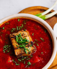 Traditional ukrainian borscht with pork steak