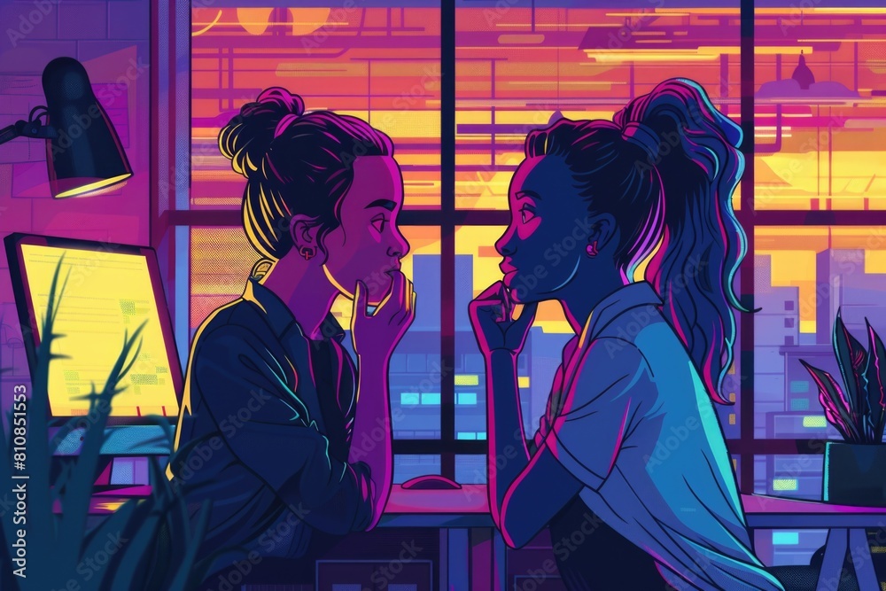 Poster two women sitting at a desk with a computer. suitable for office and technology concepts