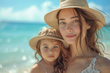 A woman and a young child in straw hats looking serene against a sparkling ocean