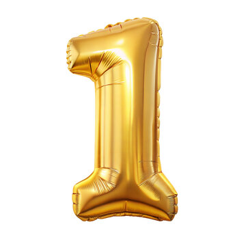 A shiny gold foil number one balloon floats in a neutral space