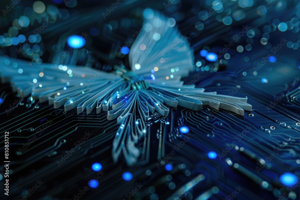 Poster a close up of a butterfly on a circuit board. perfect for technology or nature concepts