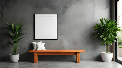 interior with blank white mock up poster on concrete wall decorative plants wooden bench