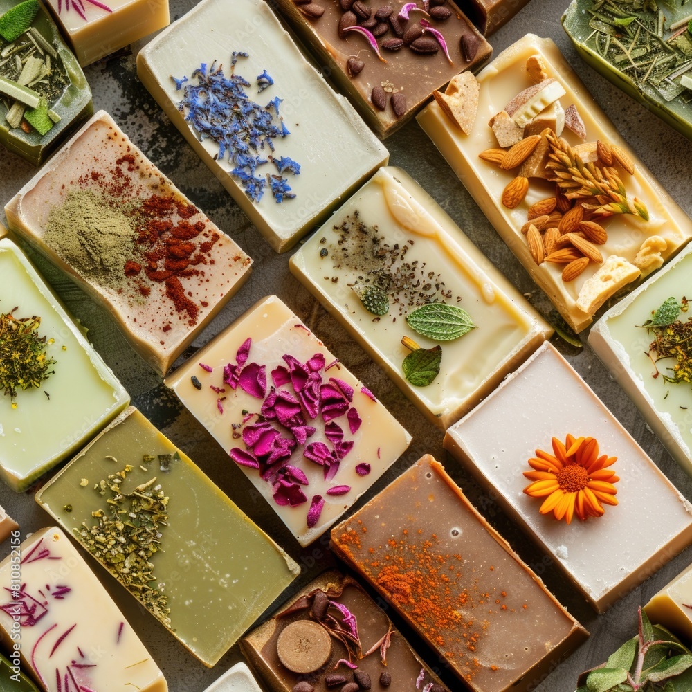Poster A collection of different types of soap bars. Perfect for hygiene and skincare concepts