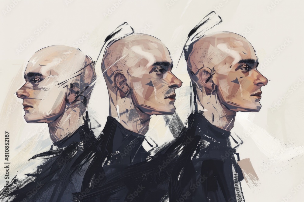 Poster drawing of three men with varied facial expressions. suitable for illustrating emotions or diversity