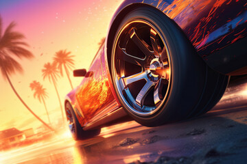 Closeup of a Muscle car wheels drifting on the road at sunset. Ai Generative