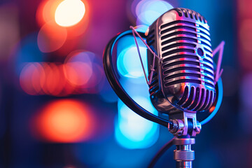 A Professional microphone, podcast studio blurry background with neon light blue and purple colors
