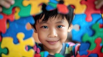 On World Autism Awareness Day a delightful Asian child playfully hides behind a vibrant array of puzzle pieces symbolizing themes of mental health child development and Autism Spectrum Diso