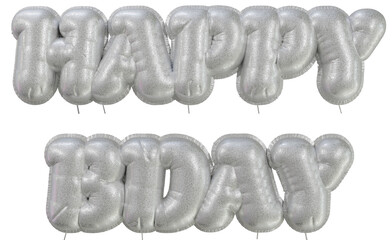 Silver glitter foil balloons text Happy bday on a transparent background