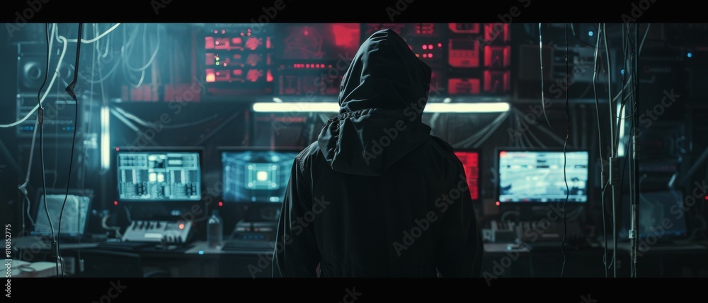 Poster an underground hideout with a dark atmosphere and multiple displays with cables everywhere is shown 